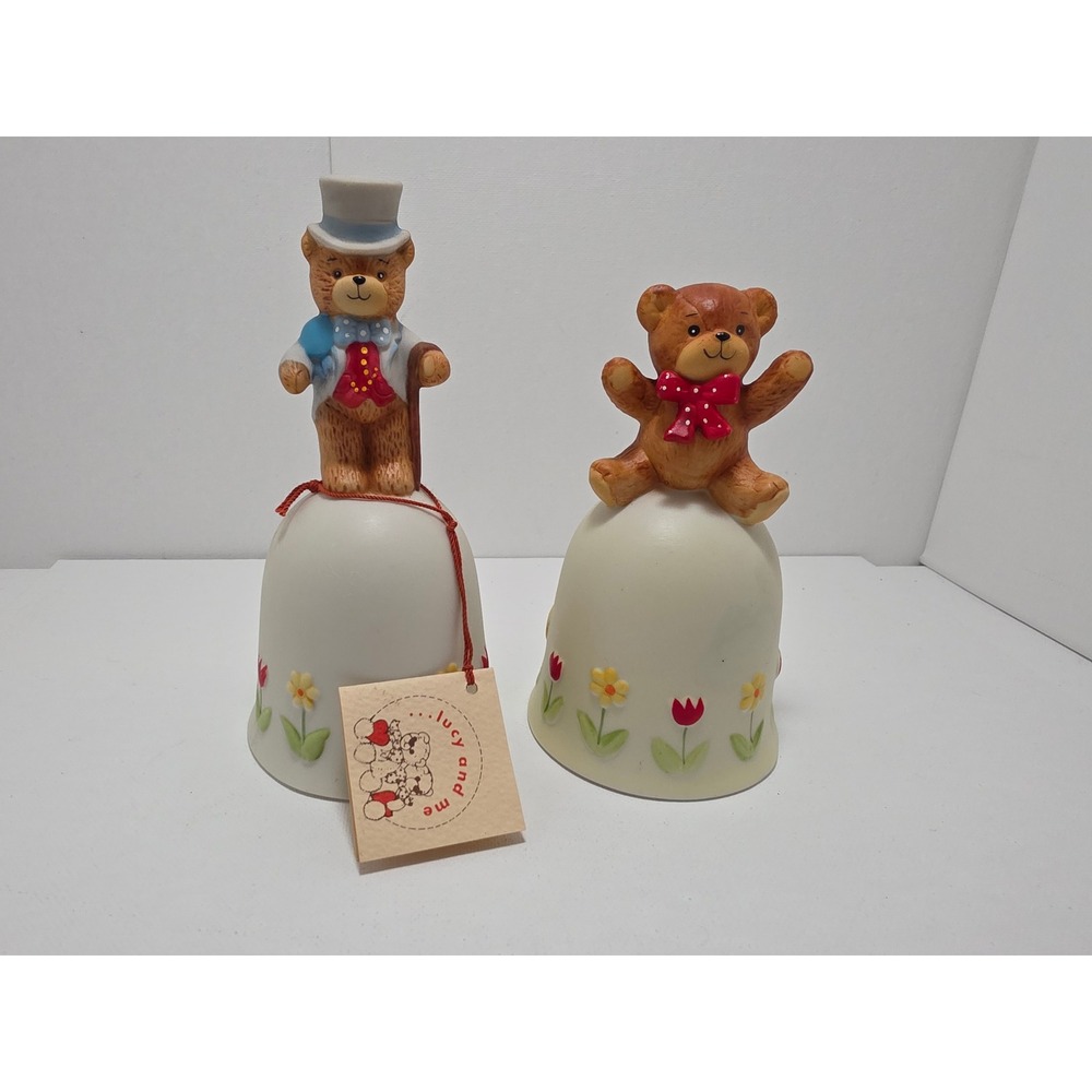 Vintage Enesco Lucy and Me Teddy Bear Porcelain Bells Set of 2 Floral 1980s
